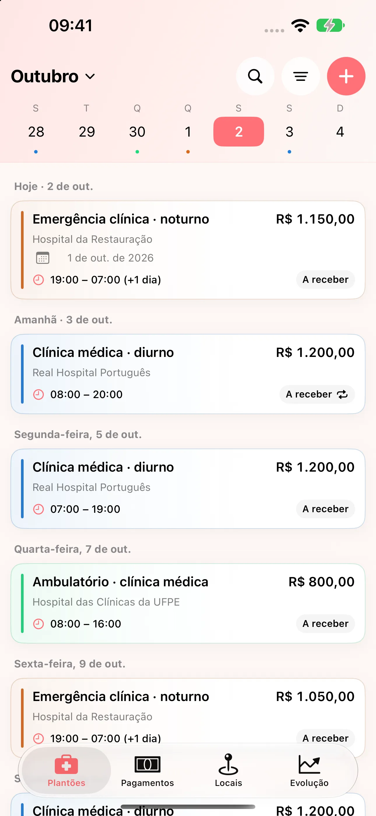 Agenda real do Plantão de Bolso com plantões em hospitais diferentes
