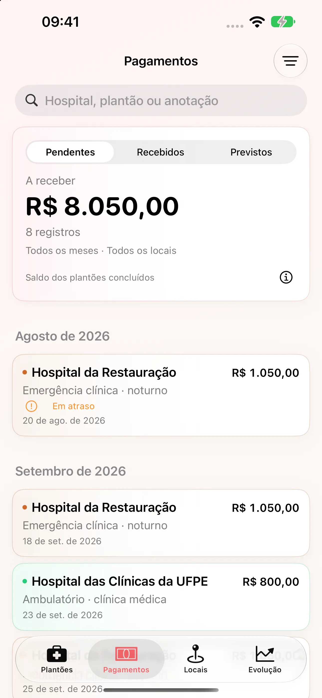 Tela de pagamentos com valores a receber por hospital