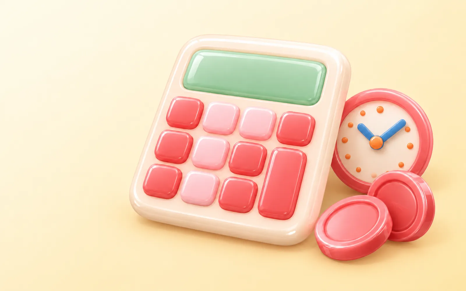 Ilustração de calculadora com relógio e moedas