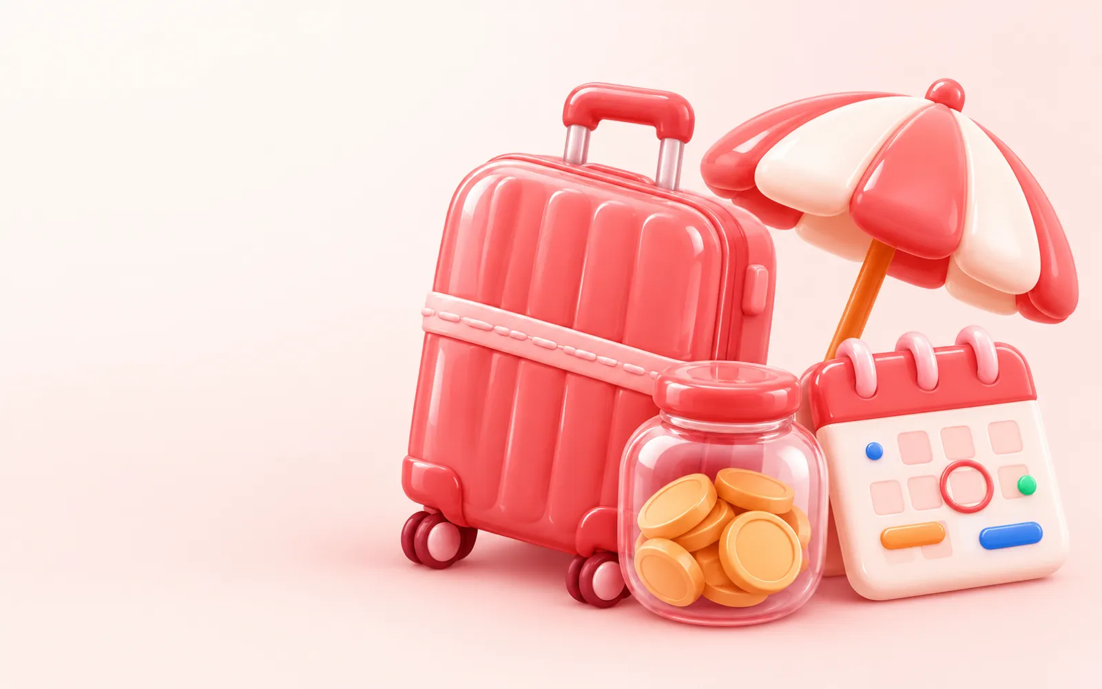 Ilustração de mala, guarda-sol e cofrinho para planejar as férias