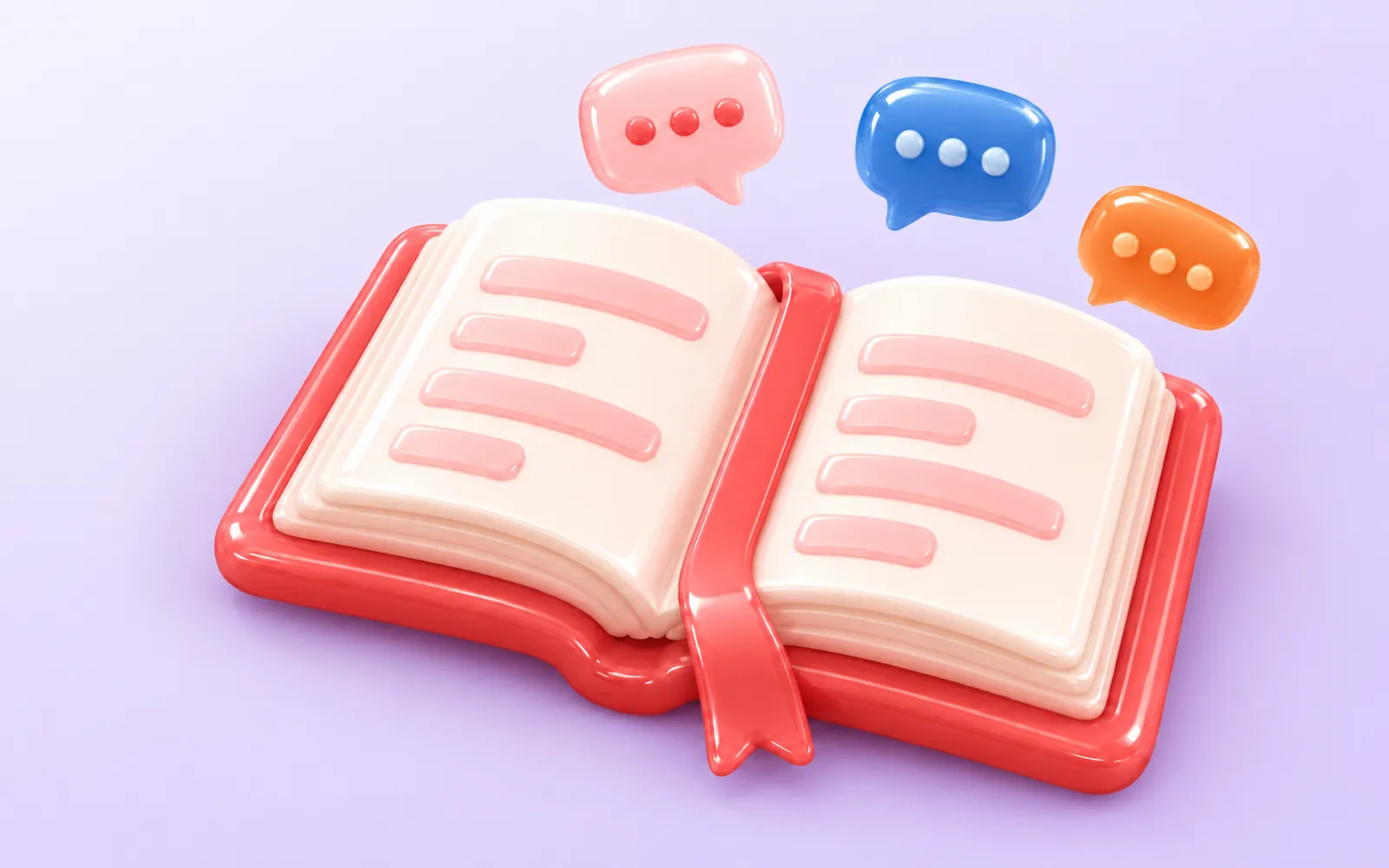 Ilustração de livro aberto com balões de conversa